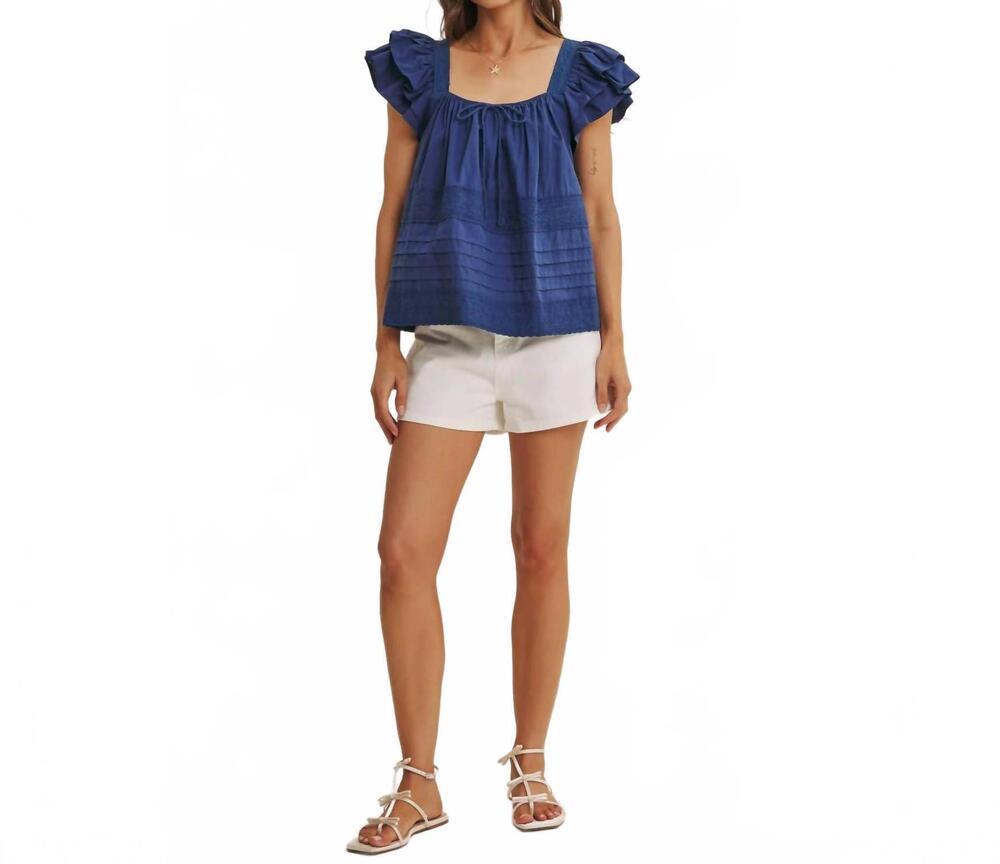 NEW IN FEBRUARY cotton poplin ruffle sleeve top in navy blue